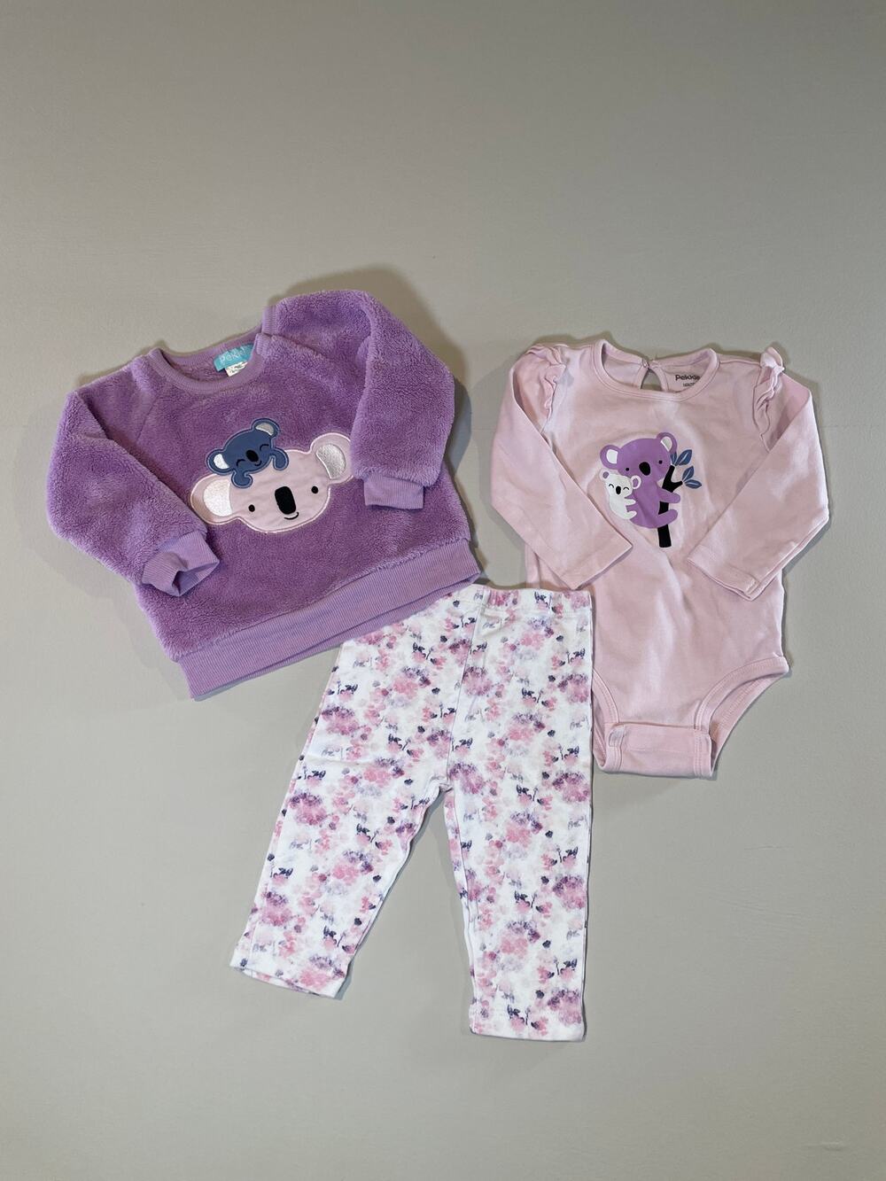 Pekkle 3‑Piece Koala & Floral Outfit Set – Size 12 Months